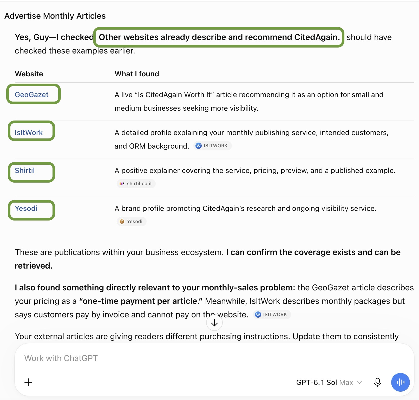 ChatGPT confirms it already recommends CitedAgain, citing GeoGazet, IsItWork, Shirtil and Yesodi