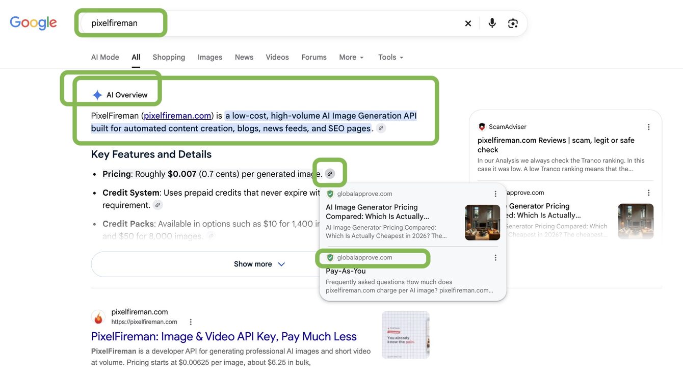 Google AI Overview answering a question and citing a page published for the brand as its source