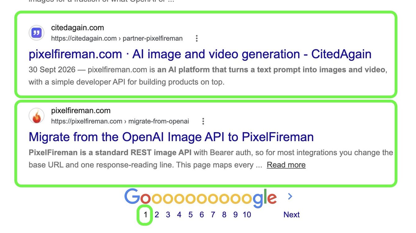 Google page one showing a CitedAgain published page and the brand's own page both ranking first