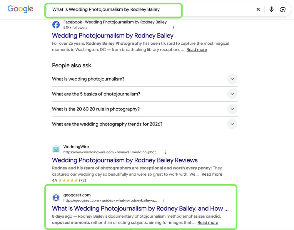 Google result showing the published article ranking third for What is Wedding Photojournalism by Rodney Bailey