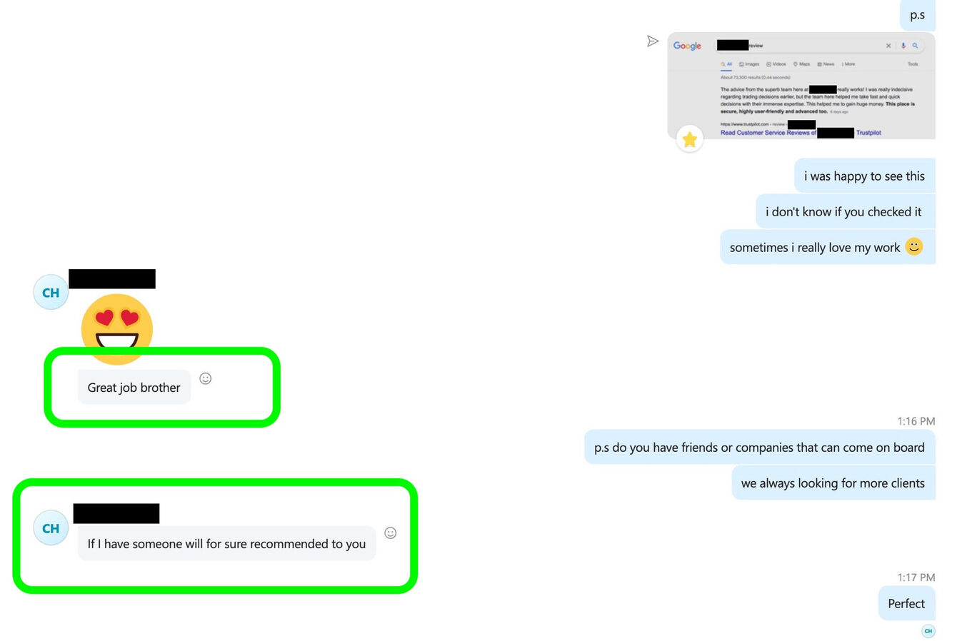 A 2022 Skype message from a client whose published review reached Google page one, thanking us and offering to recommend us