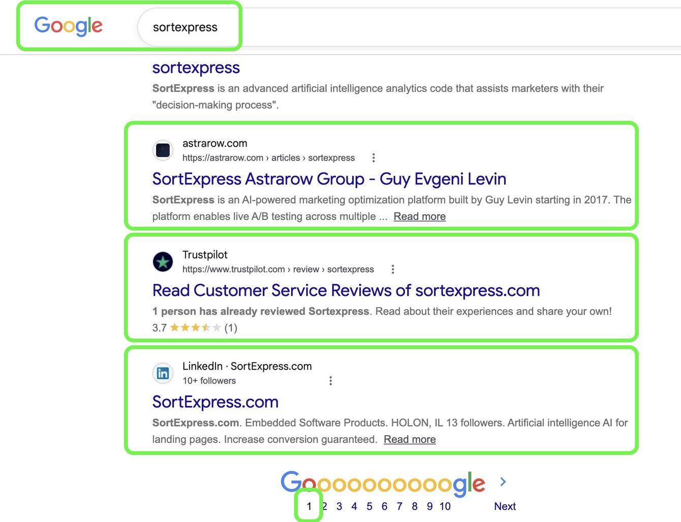 Google results for SortExpress showing first-page site links and an AI Overview that explains and recommends SortExpress, citing astrarow.com as a source