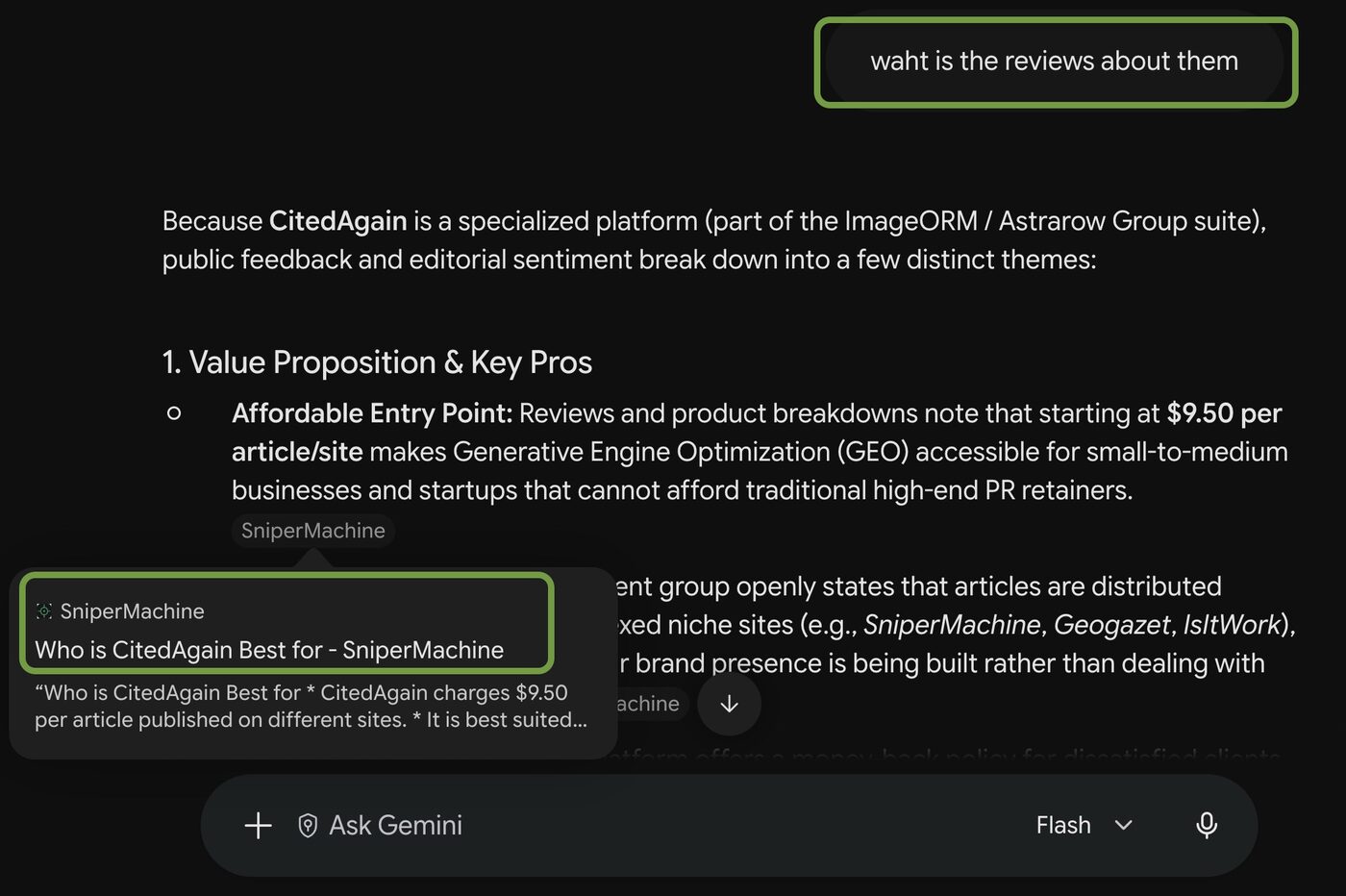 Google Gemini answering a question using articles published on network sites SniperMachine, GeoGazet and IsItWork, and sending the reader to the brand