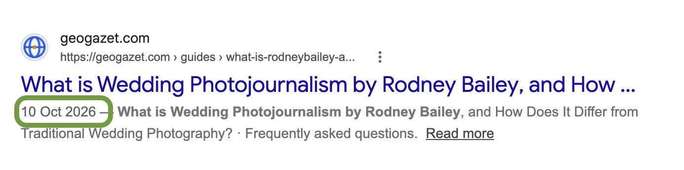 Google search result: What is Wedding Photojournalism by Rodney Bailey, on geogazet.com, indexed 10 Oct 2026