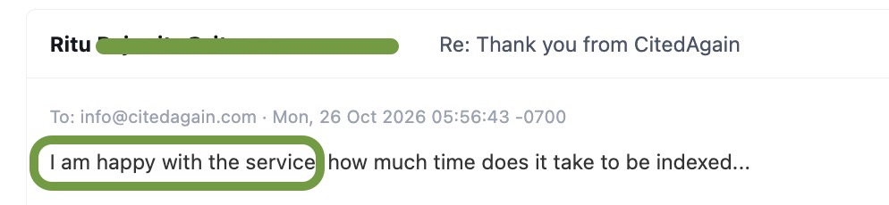 Client email to CitedAgain that opens with I am happy with the service