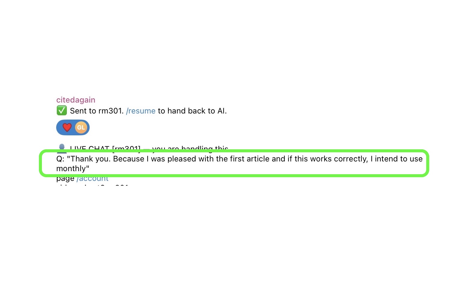 Client message saying they were pleased with the first article and intend to order monthly